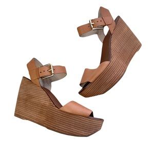Michael Kors Peggy Wedge Ankle Strap Leather Sandals, Luggage Tan Color sz 7.5M